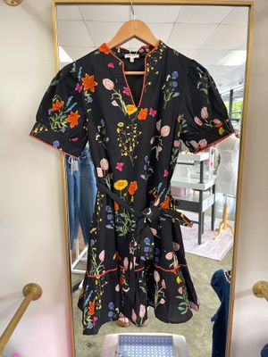 Scallop Trim Accent Lovely Floral Dress Black