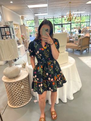 Scallop Trim Accent Lovely Floral Dress Black