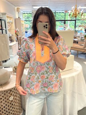 Puff Sleeves Floral Top Sky Blue
