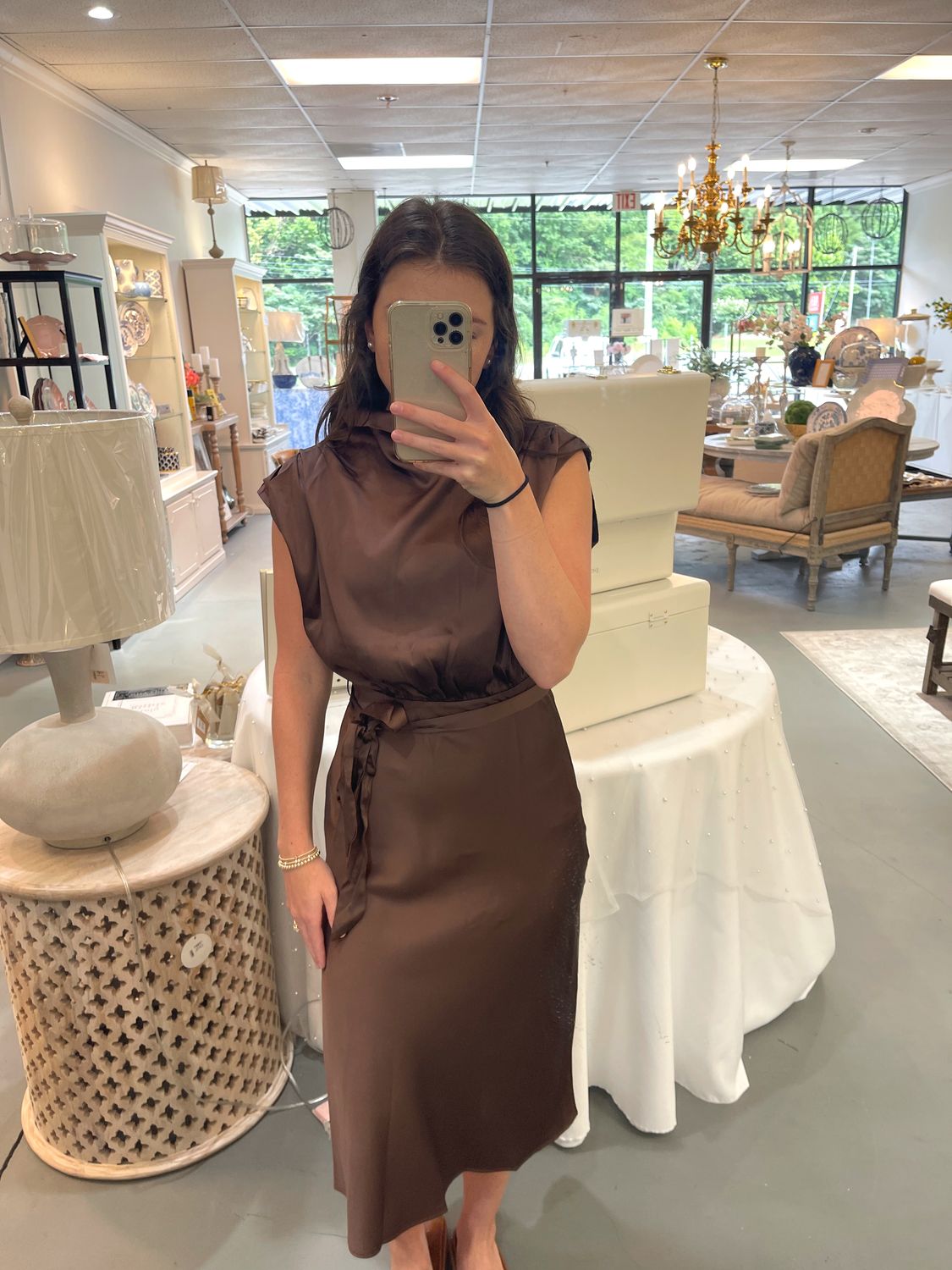 WAIST TIE SLVLESS COWL NECK BROWN MIDI DRSS 