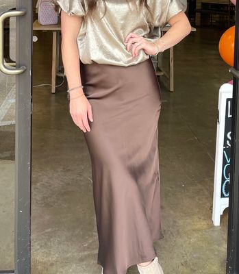 SATIN MIDI SKIRT WAIST ELASTIC BAND BROWN