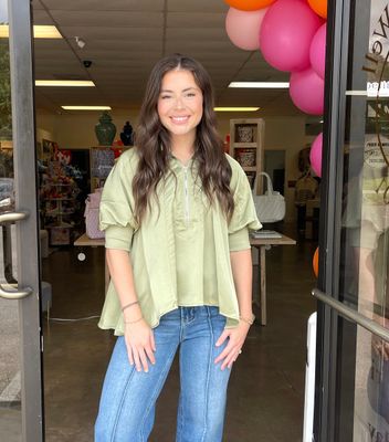 MOCK NECK BAND PUFF SLEEVE BLOUSE SAGE
