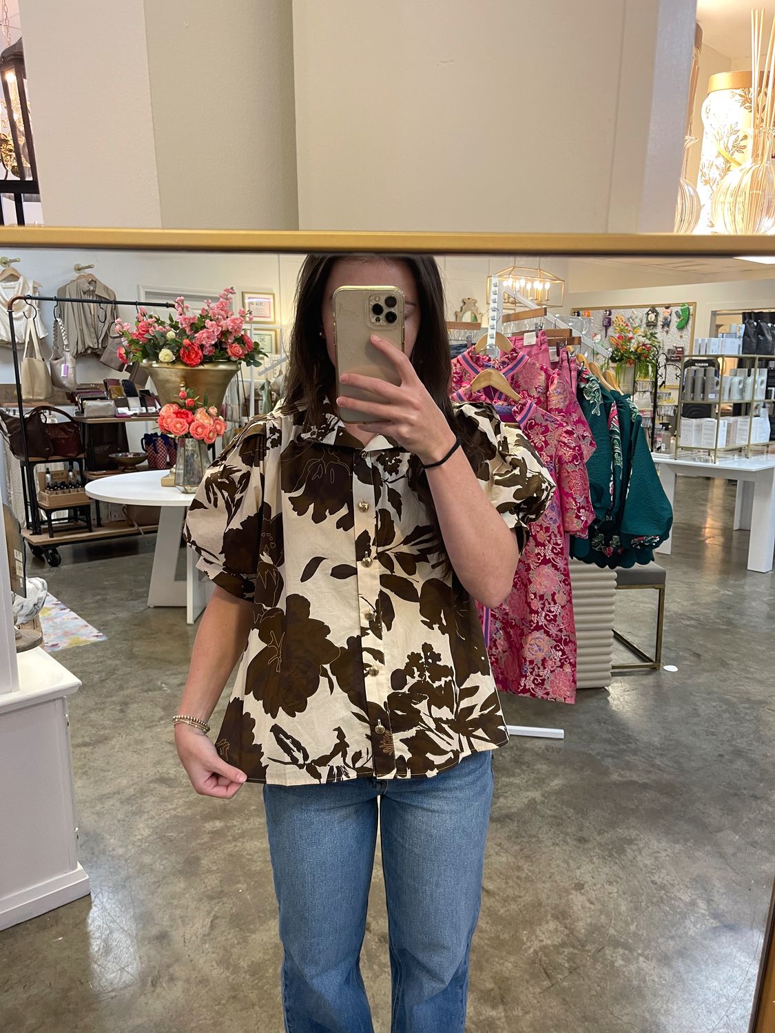 BROWN FLORAL GOLD BUTTON DETAIL TOP