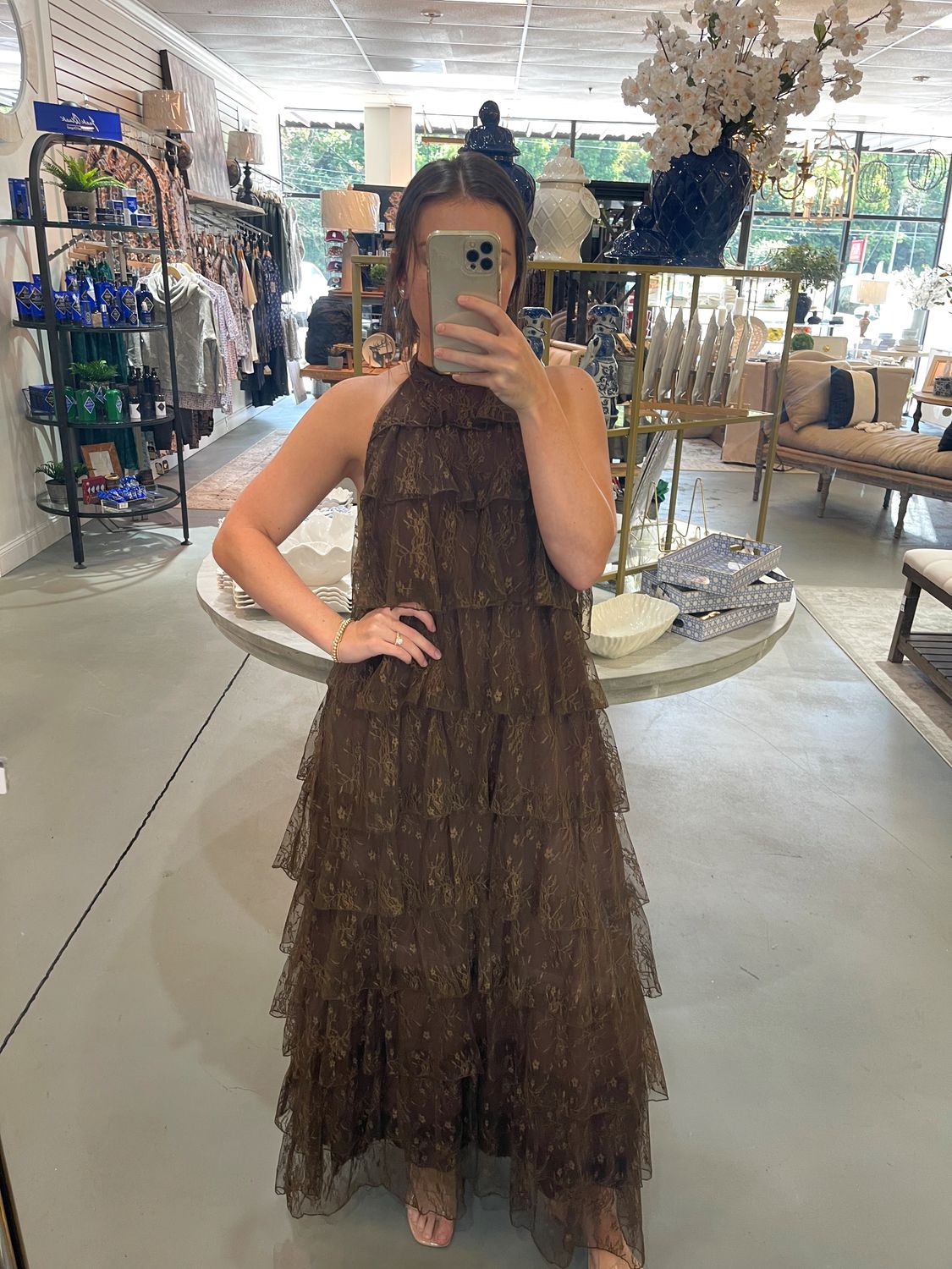 BROWN TIERED HIGH NECK DRESS