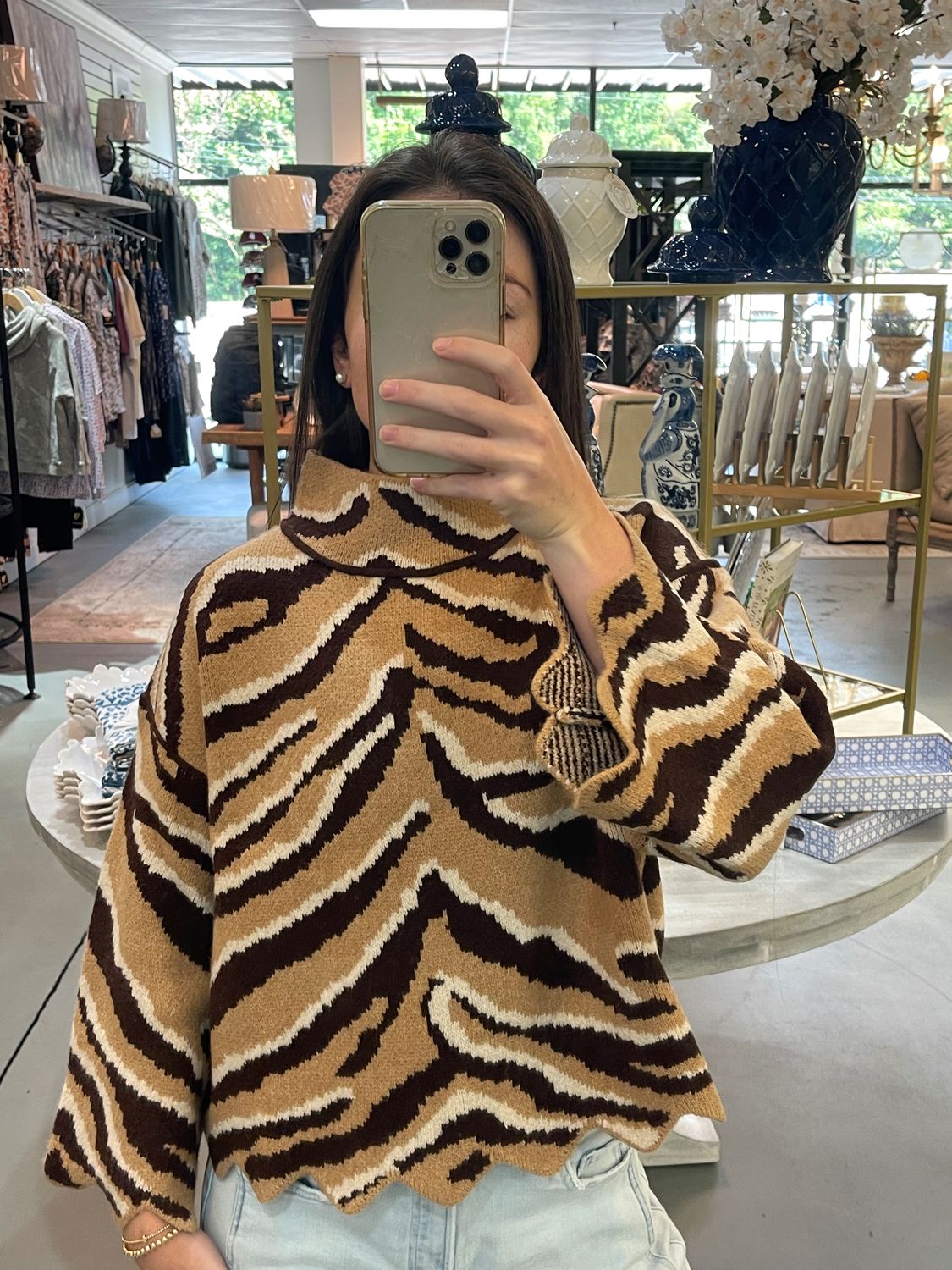 CAMEL ANIMAL PRINT SCALLOP TRIM SWTR