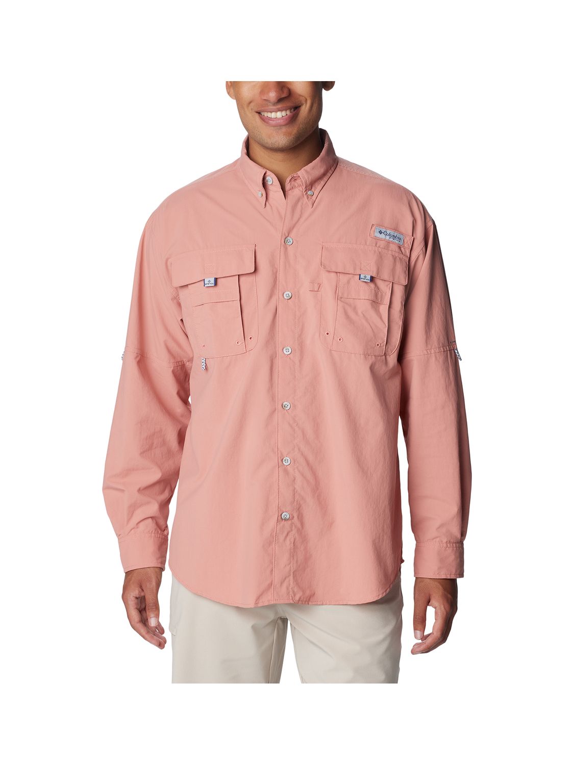MAIN IMAGE OF COLUMBIA MENS BAHAMA II LONG SLEEVE SHIRT IN SANDALWOOD PINK SMALL WITH OMNI-SHADE