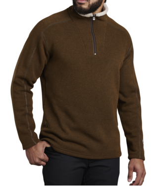 FRONT VIEW OF KUHL MENS EUROPA 1/4 ZIP SWEATER IN GRAIN WITH FLATLOCK STITCHING FOR LOW BULK SEAMS