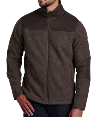 FRONT VIEW OF KUHL MENS MARAUDR FULL ZIP SWEATER IN ESPRESSO WITH FLEECE FOR EXCEPTIONAL WARMTH