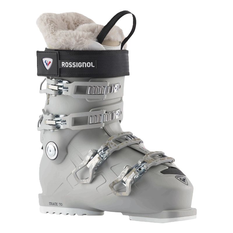 FRONT SKI BOOT VIEW OF ROSSIGNOL WOMENS TRACK 70W DOWNHILL SKI BOOT WITH HIKE MODE AND RELAXED FIT