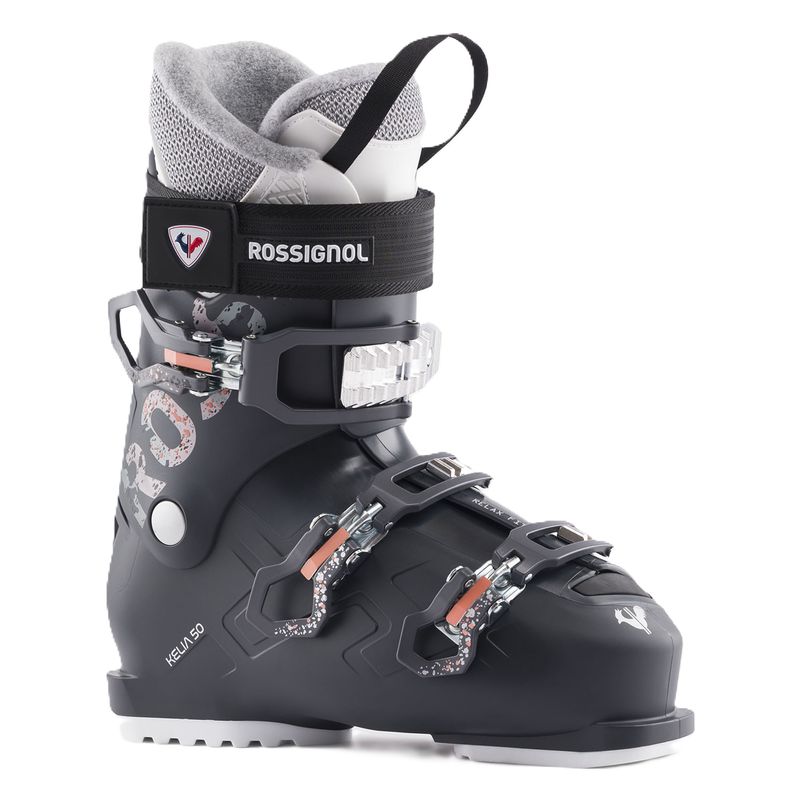 FRONT VIEW OF ROSSIGNOL WOMENS KELIA 50 DOWNHILL SKI BOOT WITH RELAXED FIT AND COMFOR FIT LINER