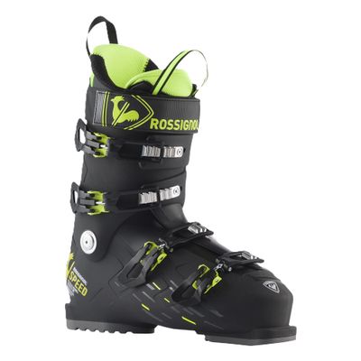 FRONT VIEW OF ROSSIGNOL MENS SPEED 100 HV+ DOWNHILL SKI BOOT WITH EASY ENTRY AND ADJUSTABLE FLEX