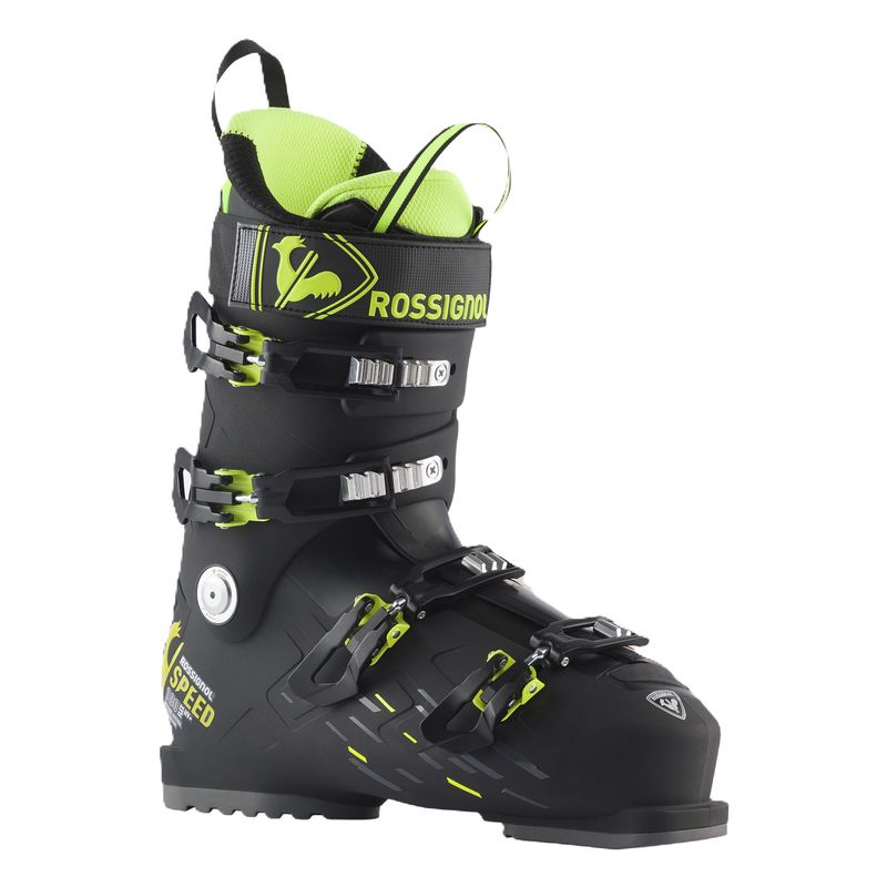 FRONT VIEW OF ROSSIGNOL MENS SPEED 100 HV+ DOWNHILL SKI BOOT WITH EASY ENTRY AND ADJUSTABLE FLEX