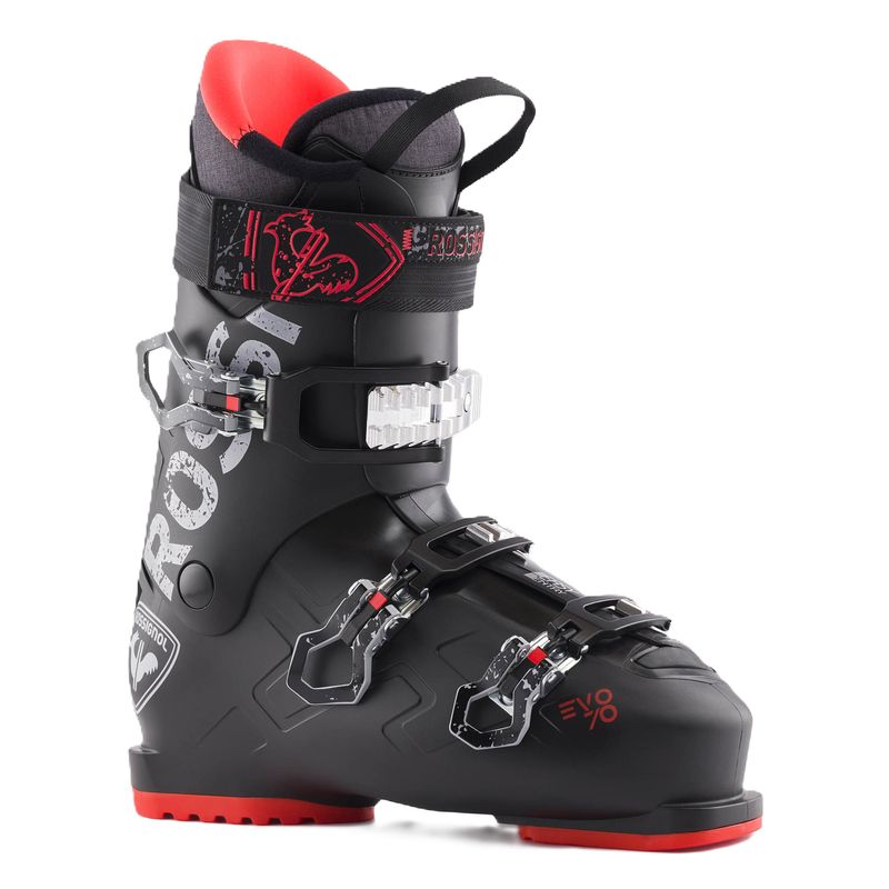 FRONT VIEW OF ROSSIGNOL MENS EVO 70 DOWNHILL SKI BOOT WITH CUSTOM FIT COMFORT AND EASY ENTRY