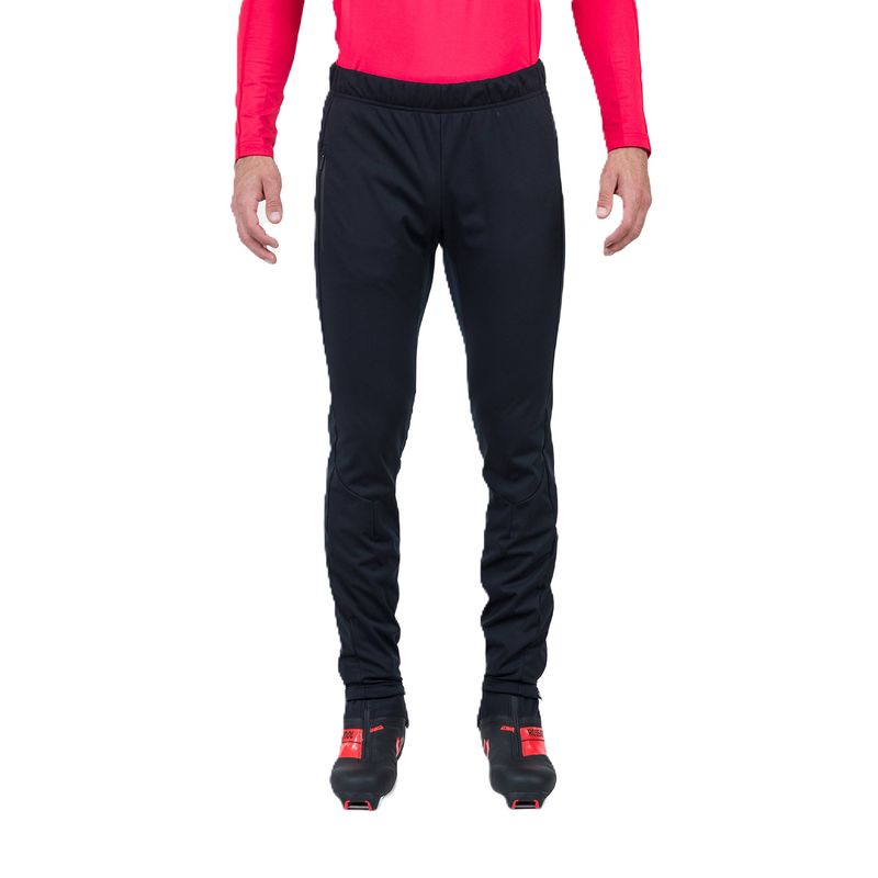 FRONT VIEW OF ROSSIGNOL MENS GENETYS SNOWPANT IN BLACK WITH FLEECE LINING AND DWR FINISH