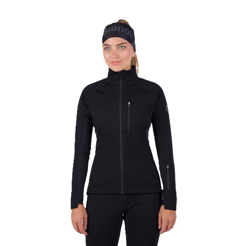 FRONT VIEW OF ROSSIGNOL WOMENS GENETYS SOFTSHELL JACKET IN BLACK WITH FLEECE LINING AND DWR FINISH