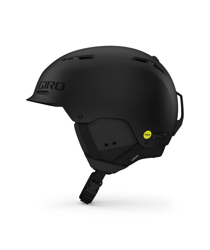 LEFT VIEW OF GIRO UNISEX TRIG MIPS HELMET IN MATTE BLACK WITH HARD SHELL CONSTRUCTION