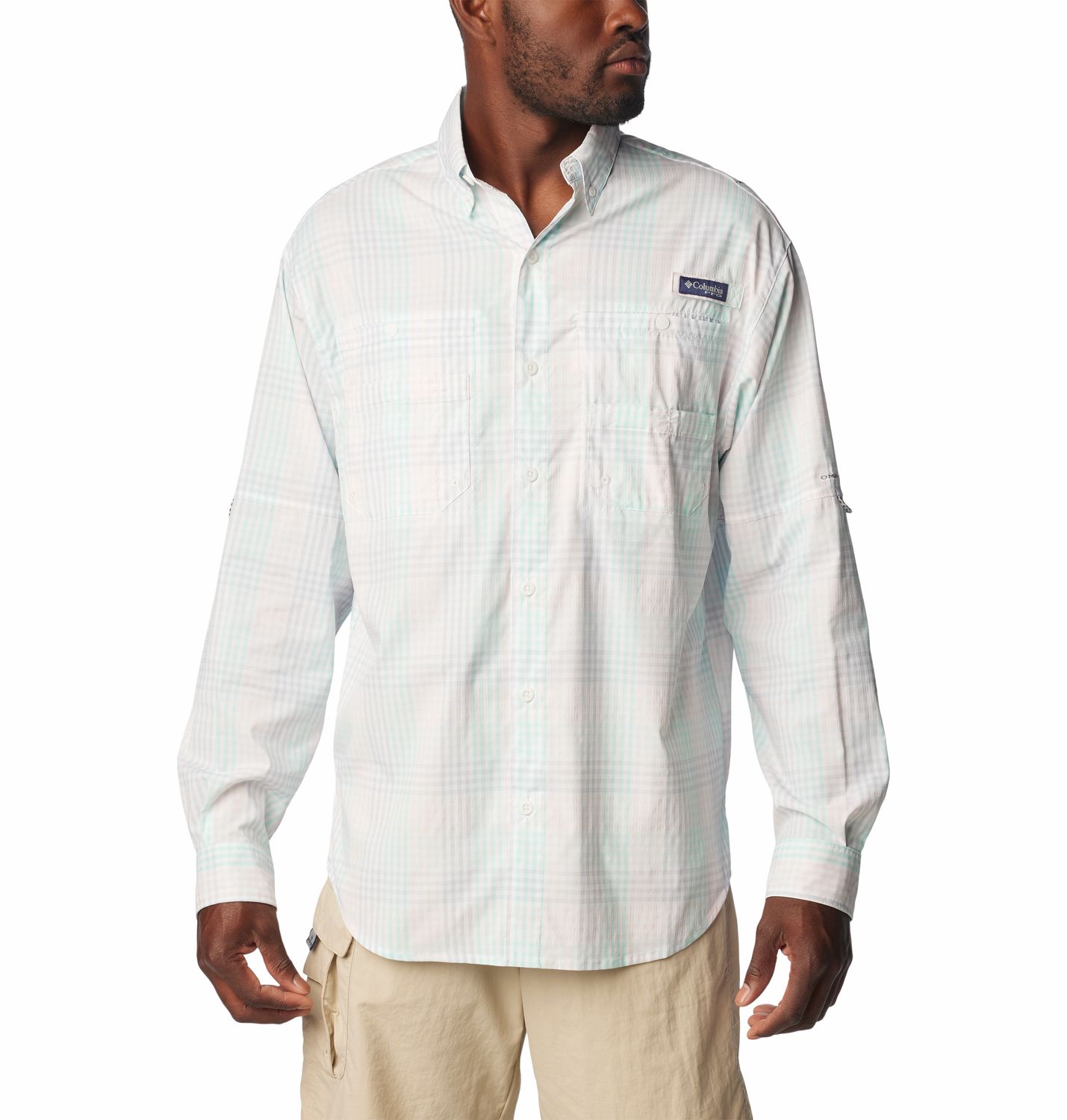 COLUMBIA MENS SUPER TAMIAMI LONG SLEEVE SHIRT 24, Color: GULF STREAM/ALL OVER GINGHAM, Size: SMALL