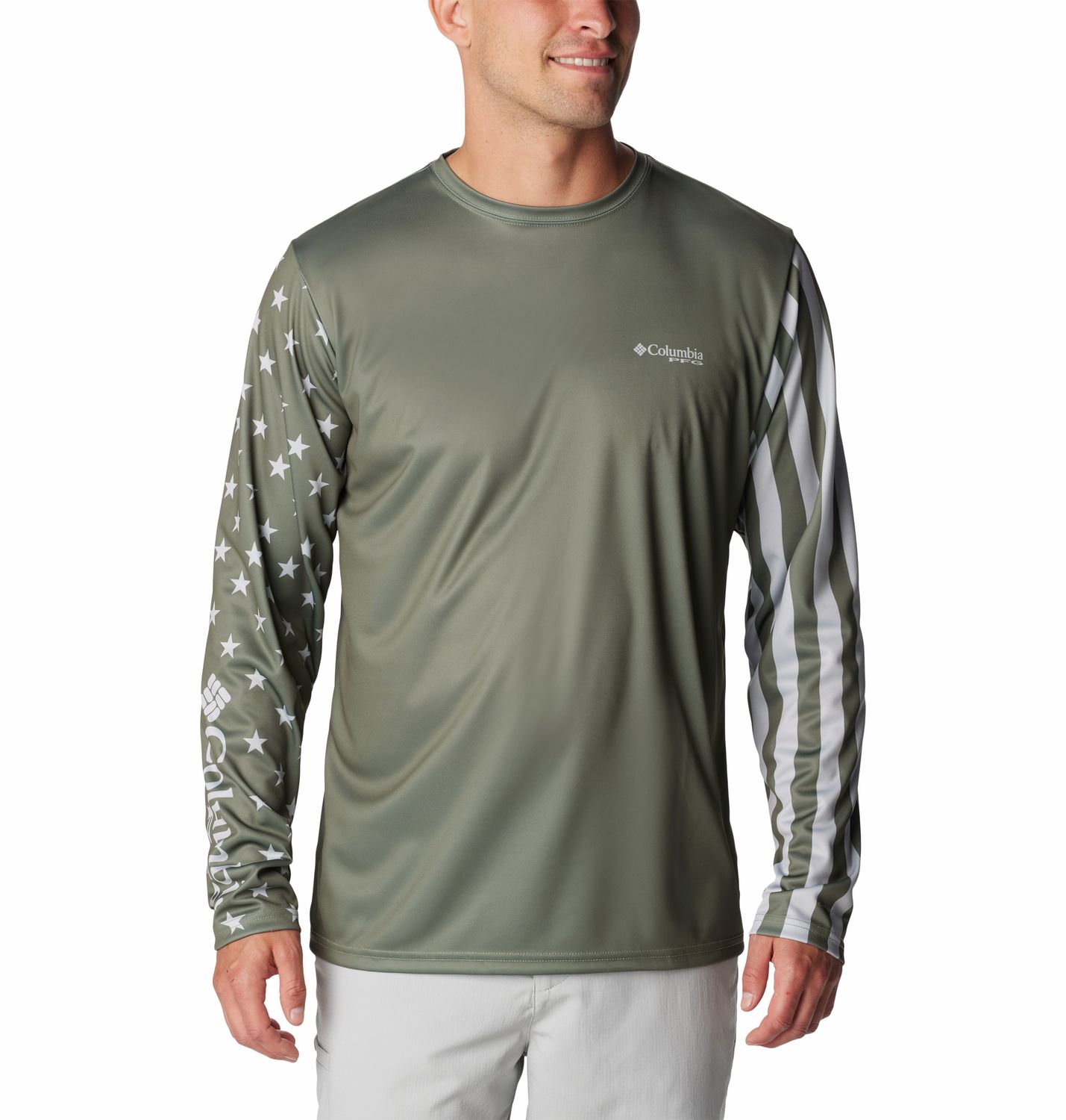 COLUMBIA MENS TERMINAL TACKLE PFG AMERICANA LONG SLEEVE SHIRT 24, Color: CYPRESS/COOL GREY, Size: SMALL