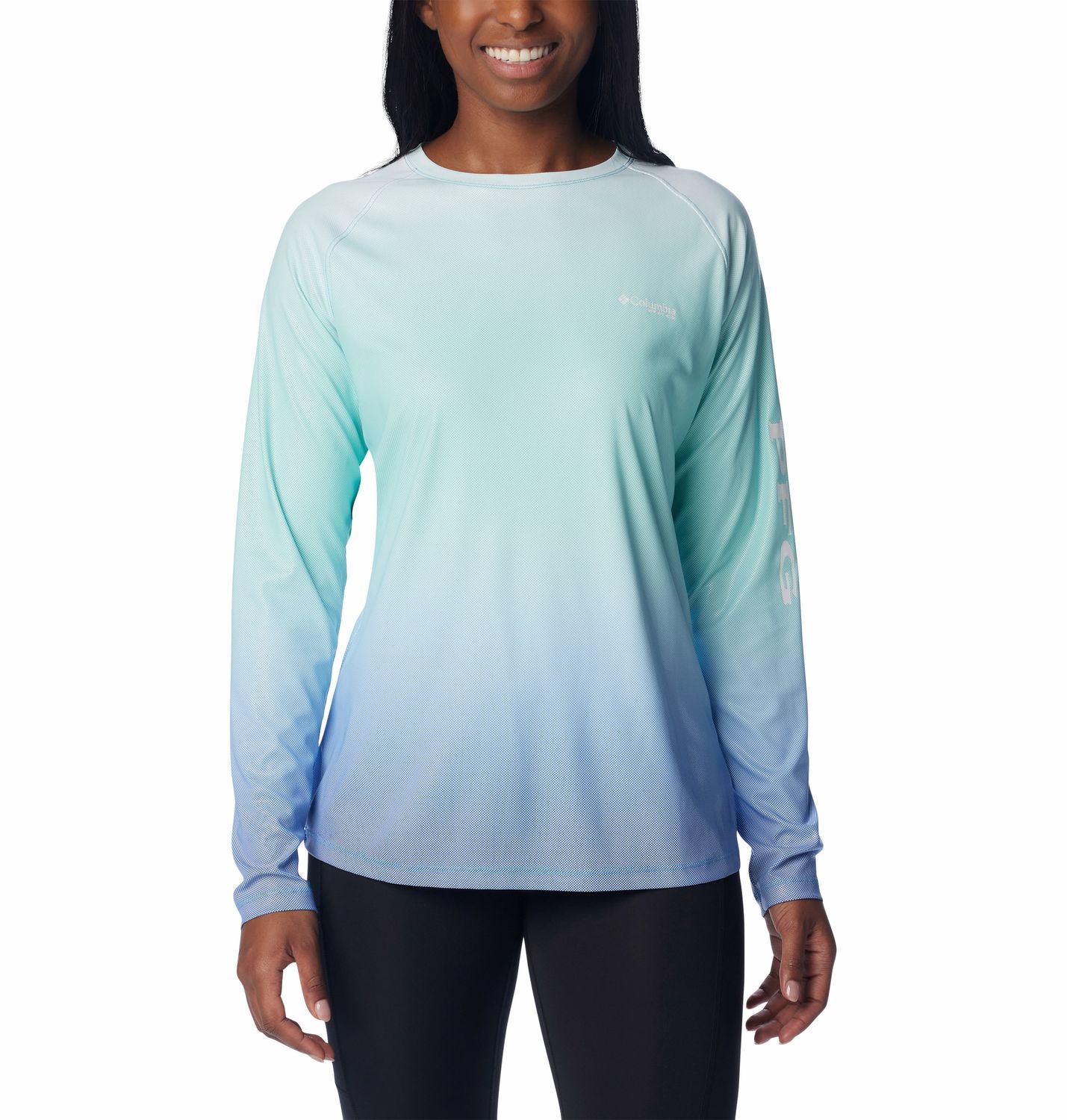 COLUMBIA WOMENS PRINTED TIDAL DEFLECTOR LONG SLEEVE SHIRT 24, Color: GULF STREAM GRADIENT, Size: SMALL