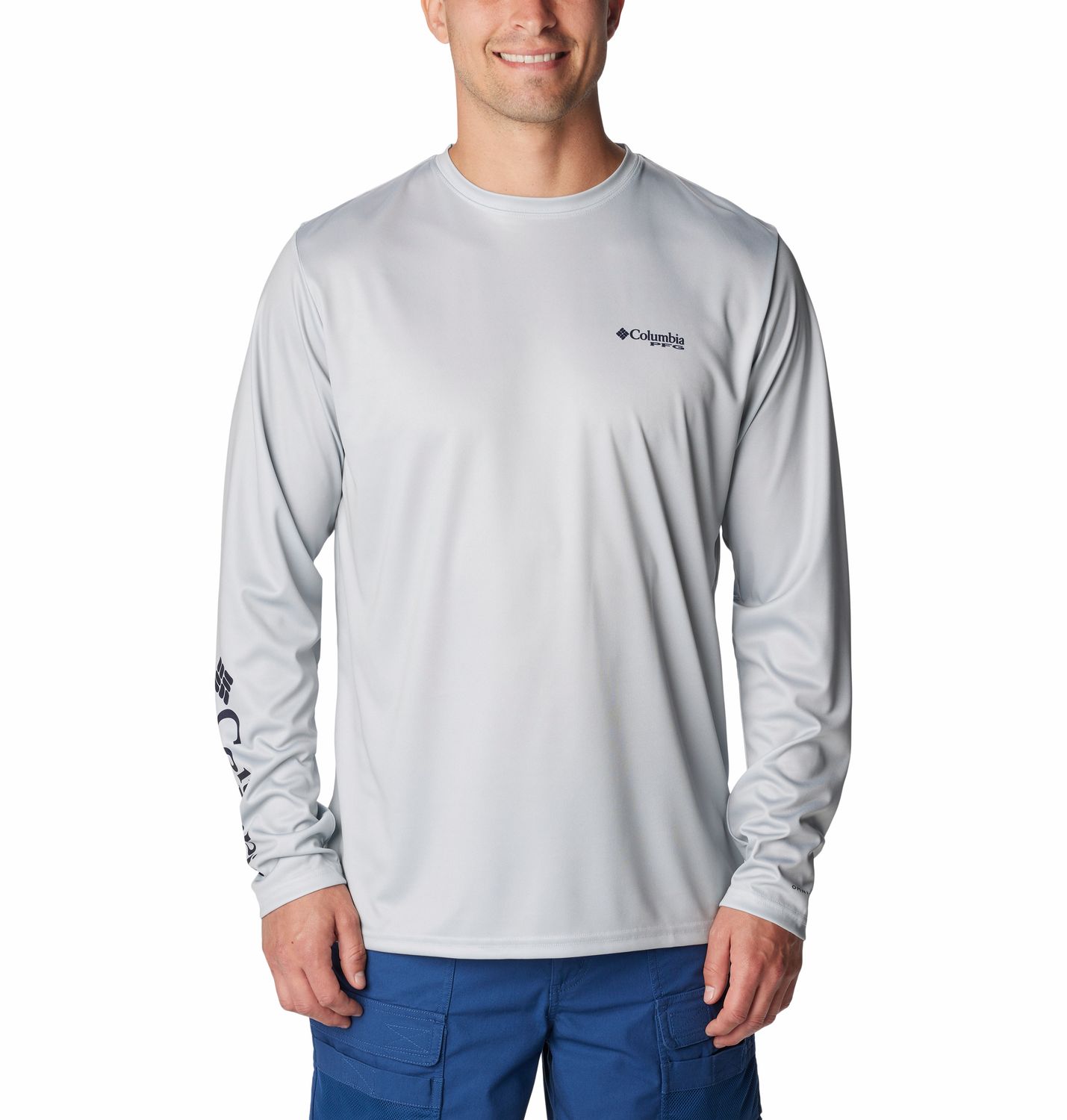 COLUMBIA MENS TERMINAL TACKLE PFG FINS AND STRIPES LONG SLEEVE SHIRT 24, Color: COOL GREY/FINS &amp; STRIPES, Size: SMALL
