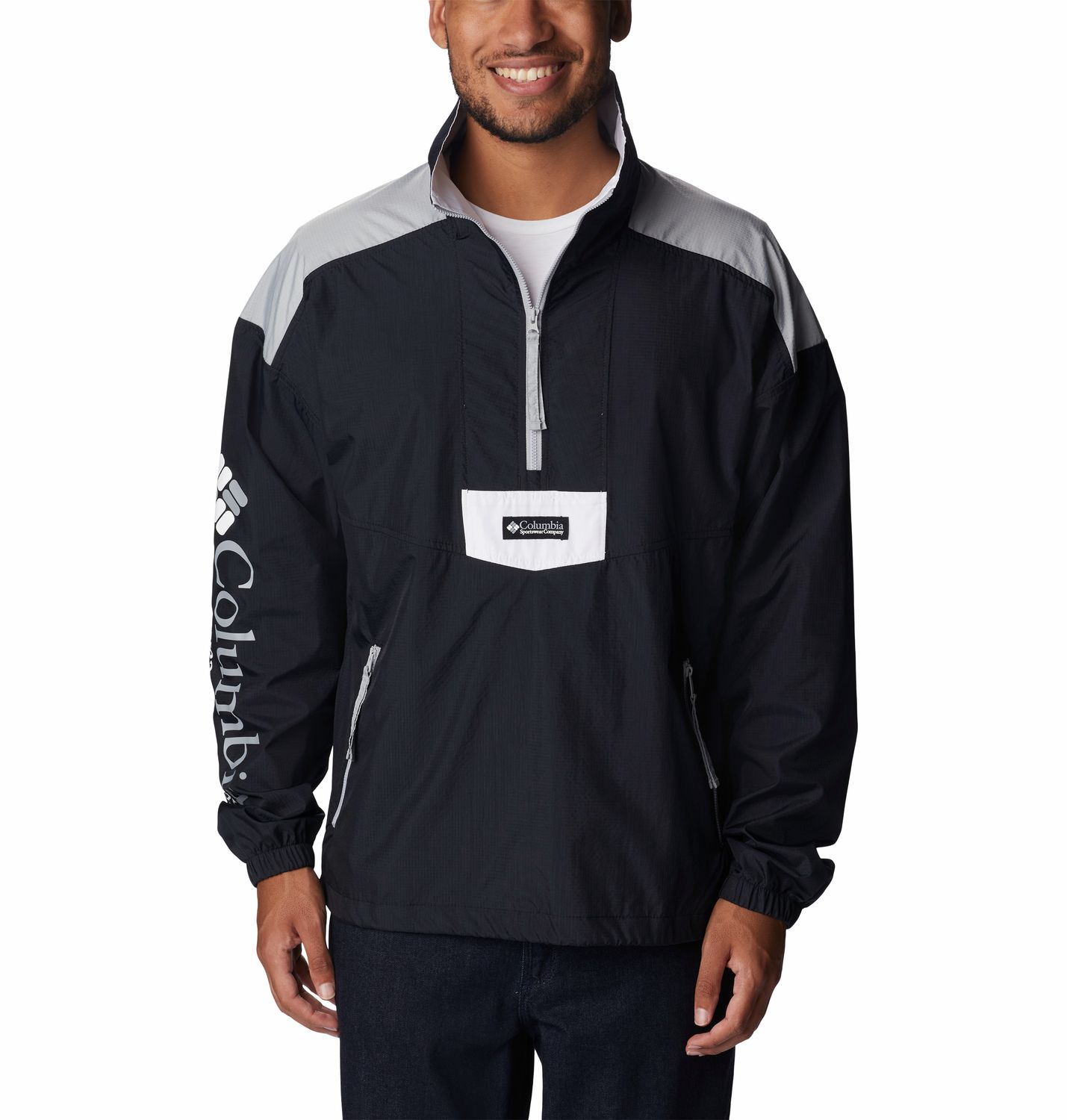 COLUMBIA MENS RIPTIDE ANORAK SOFTSHELL JACKET 24, Color: BLACK/COLUMBIA GREY/WHITE, Size: SMALL