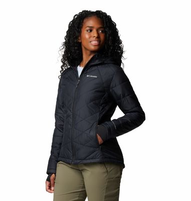 FRONT VIEW OF COLUMBIA WOMENS HEAVENLY HOODED WINTER JACKET IN BLACK WITH MEDIUM WARMTH