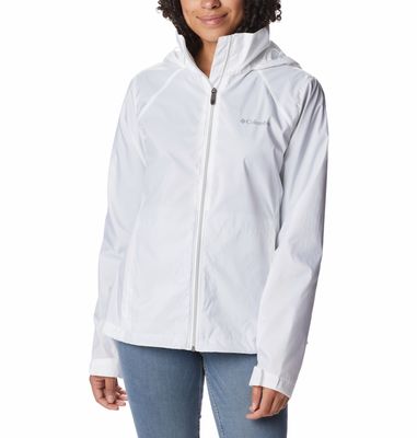 FRONT VIEW OF COLUMBIA WOMENS SWITCHBACK III RAIN JACKET IN WHITE WITH WATERPROOFING