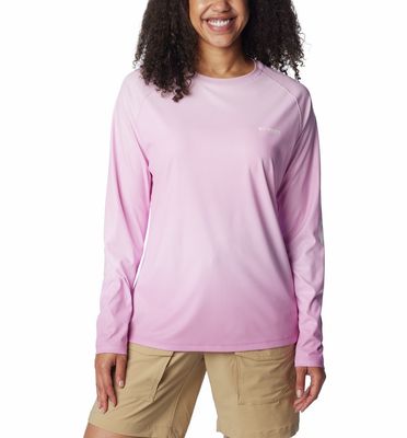 FRONT VIEW OF COLUMBIA WOMENS TIDAL DEFLECTOR LONG SLEEVE SHIRT IN BRIGHT LAVENDER WITH OMNI-SHADE
