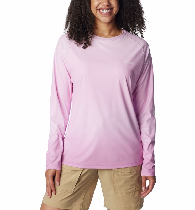 FRONT VIEW OF COLUMBIA WOMENS TIDAL DEFLECTOR LONG SLEEVE SHIRT IN BRIGHT LAVENDER WITH OMNI-SHADE