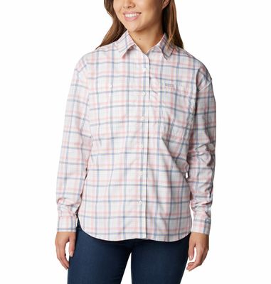 FRONT VIEW OF COLUMBIA WOMENS SILVER RIDGE UTILITY PATTERNED LONG SLEEVE SHIRT IN WHITE SMALL PLAID