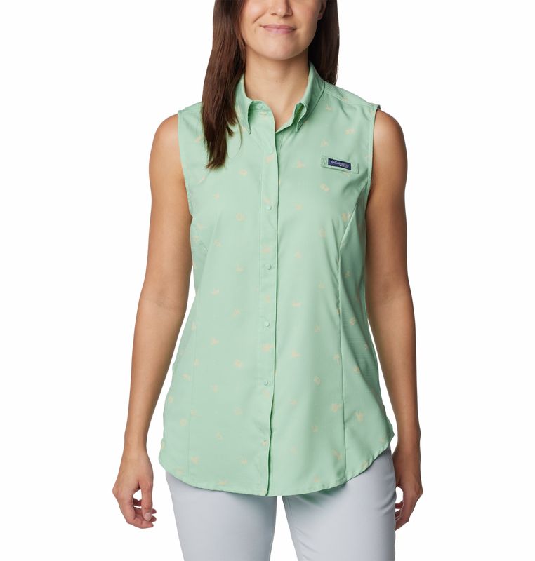 FRONT VIEW OF COLUMBIA WOMENS SUPER TAMIAMI SLEEVELESS SHORT SLEEVE SHIRT IN NEW MINT HAPPY