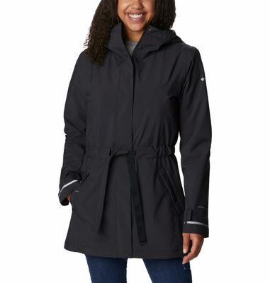 FRONT VIEW OF COLUMBIA WOMENS HERE AND THERE TRENCH II RAIN JACKET IN BLACK WITH LIGHT WARMTH