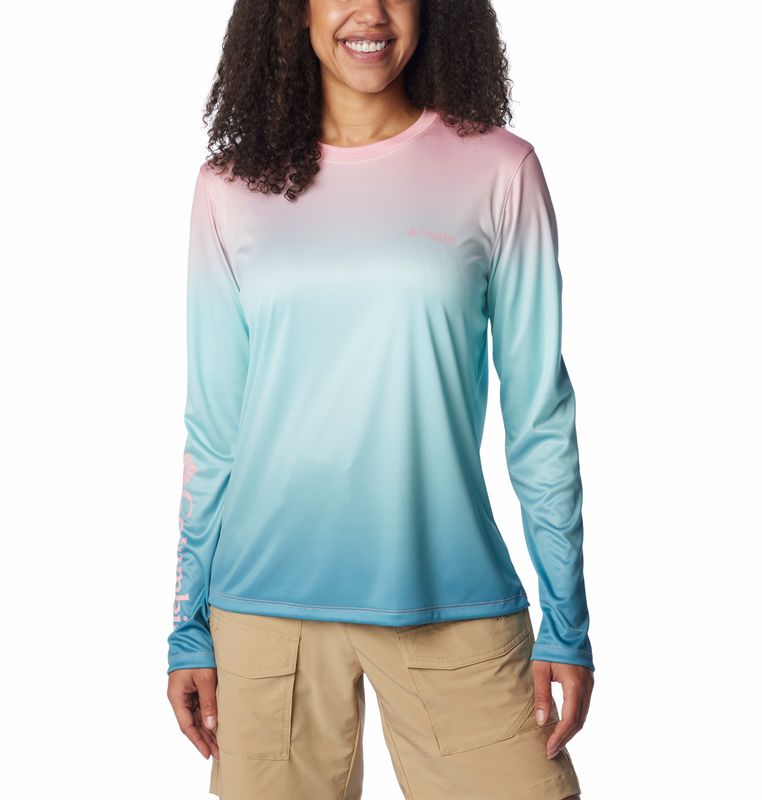 FRONT VIEW OF COLUMBIA WOMENS TIDAL TEE PFG PALM RISE LONG SLEEVE SHIRT IN SORBERT GRADIENT