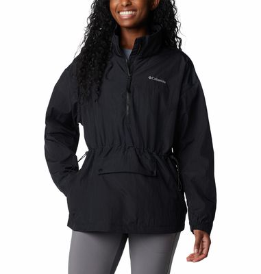 FRONT VIEW OF COLUMBIA WOMENS PARACUTIE ANORAK WINDBREAKER JACKET IN BLACK WITH STYLISH &amp; PRACTICAL