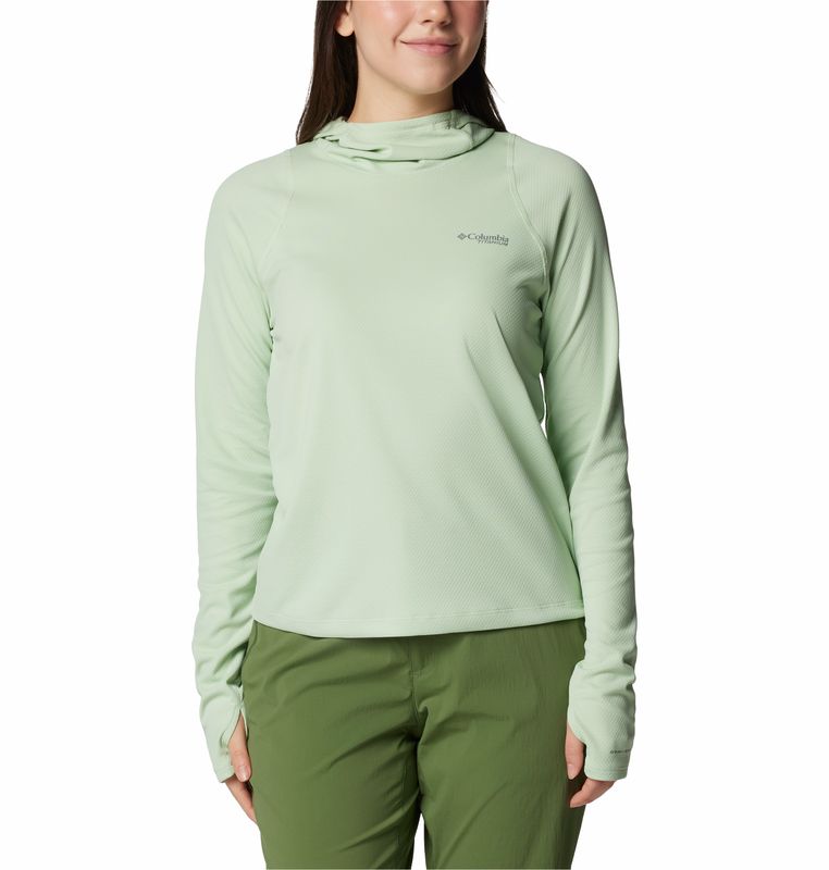 FRONT VIEW OF COLUMBIA WOMENS SUMMIT VALLEY HOODIE IN SAGE LEAF MADE FOR OUTDOOR ACTIVITY