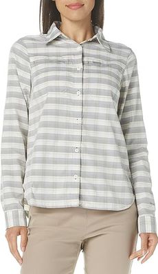 FRONT VIEW OF COLUMBIA WOMENS SILVER RIDGE 3.0 PRINT LONG SLEEVE SHIRT IN CITY GREY PLAID