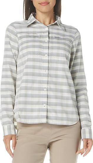 FRONT VIEW OF COLUMBIA WOMENS SILVER RIDGE 3.0 PRINT LONG SLEEVE SHIRT IN CITY GREY PLAID