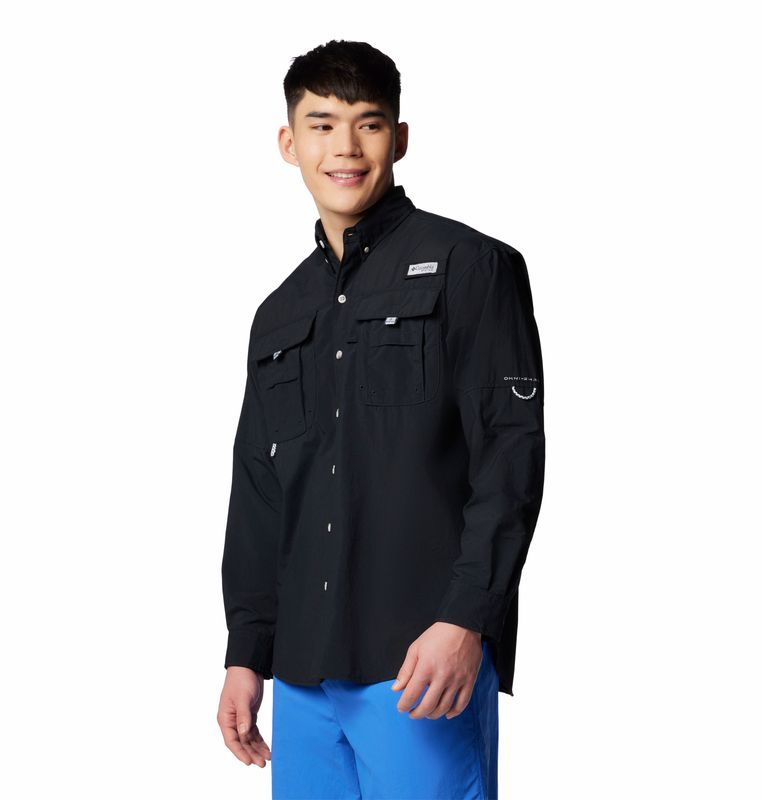 SIDE VIEW OF COLUMBIA MENS BAHAMA II LONG SLEEVE SHIRT IN BLACK WITH OMNI-SHADE