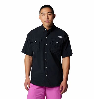 FRONT VIEW OF COLUMBIA MENS BAHAMA II SHORT SLEEVE SHIRT IN BLACK WITH HANDS-FREE UTILITY