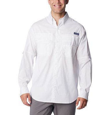 FRONT VIEW OF COLUMBIA MENS SUPER TAMIAMI LONG SLEEVE SHIRT IN SORBET/MULTI GINGHAM WITH UPF 40