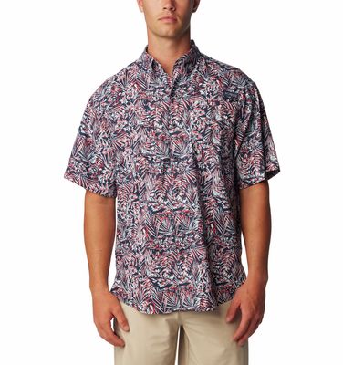 FRONT VIEW OF COLUMBIA MENS SUPER TAMIAMI SHORT SLEEVE SHIRT IN COLLEGIATE NAVY WITH UPF 40