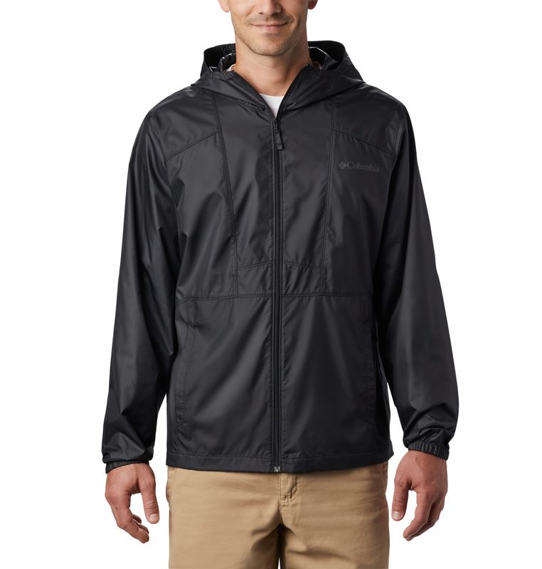 FRONT VIEW OF COLUMBIA MENS FLASHBACK WINDBREAKER JACKET IN BLACK TO HELP DEFY THE WIND