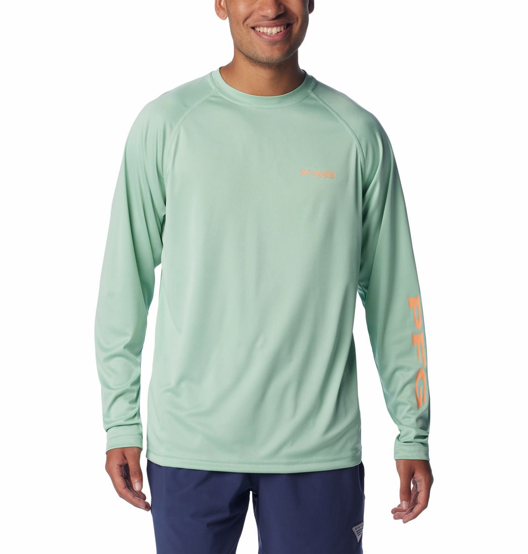 IMAGE OF COLUMBIA MENS TERMINAL TACKLE HEATHER LONG SLEEVE IN NEW MINT HEATHER/BRIGHT NECTER LOGO S