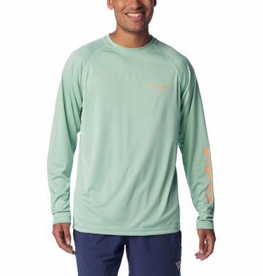 FRONT VIEW OF COLUMBIA MENS TERMINAL TACKLE HEATHER LONG SLEEVE IN NEW MINT HEATHER/BRIGHT NECTER