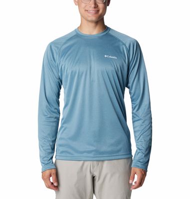 FRONT VIEW OF COLUMBIA MENS FORK STREAM HEATHER LONG SLEEVE SHIRT IN CLOUDBURST HEATHER