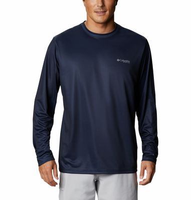 FRONT VIEW OF COLUMBIA MENS TERMINAL TACKLE PFG FISH FLAG LONG SLEEVE SHIRT IN COLLEGIATE NAVY