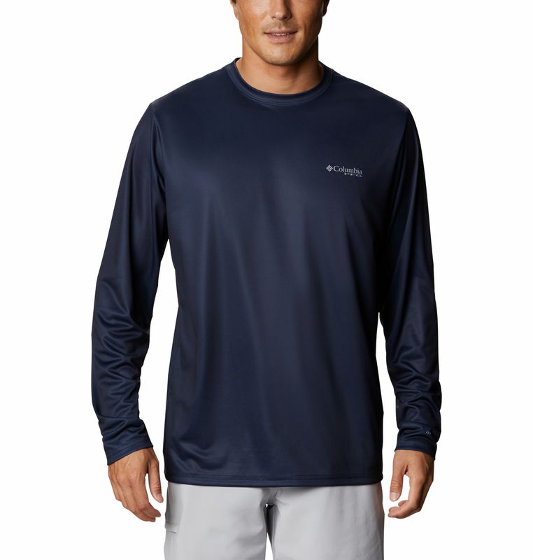 FRONT VIEW OF COLUMBIA MENS TERMINAL TACKLE PFG FISH FLAG LONG SLEEVE SHIRT IN COLLEGIATE NAVY