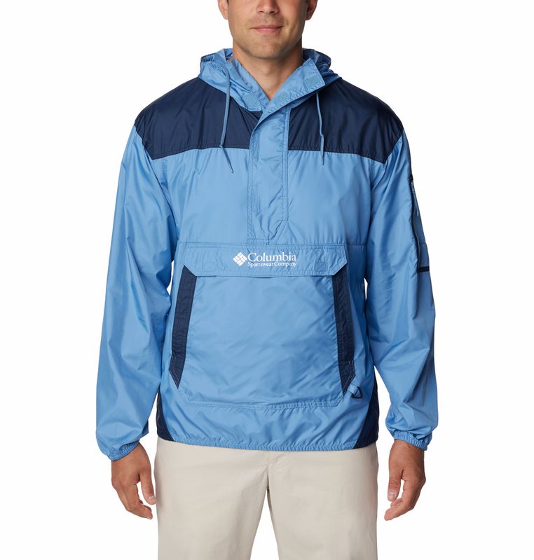 FRONT VIEW OF COLUMBIA MENS CHALLENGER WINDBREAKER JACKET IN SKYLER/COLLEGIATE NAVY