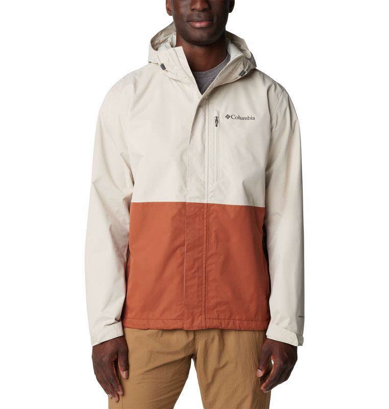 FRONT VIEW OF COLUMBIA MENS HIKEBOUND RAIN JACKET IN DARK STONE/AUBURN WITH RUGGED PROTECTION