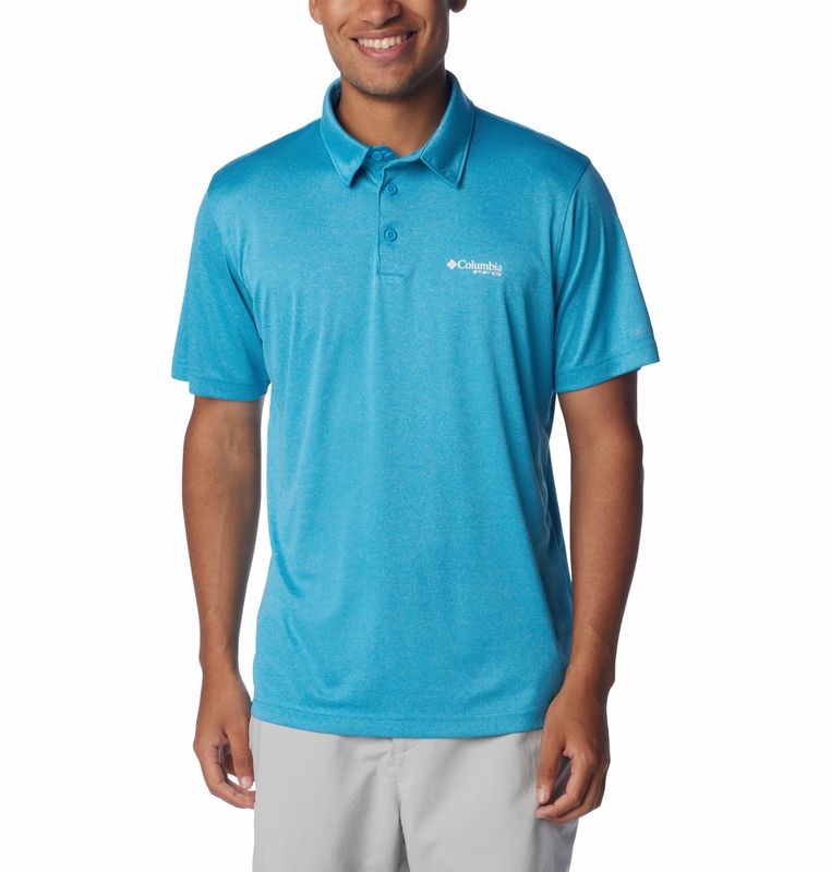 FRONT VIEW OF COLUMBIA MENS TERMINAL TACKLE HEATHER POLO IN BLUE HEATHER/WHITE LOGO WITH UPF 50
